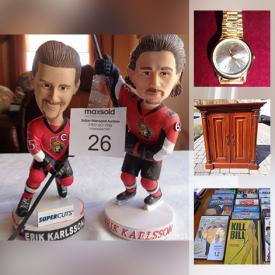 MaxSold Auction: This online auction features DVDs, watches, Crystal, outdoor power tools, hand tools, fabric, furniture, lamps, 10k gold jewelry, Hockey memorabilia, sterling silver, Media, Disney and much more.