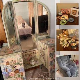 MaxSold Auction: This online auction features bedframe, dresser, Rooster kitchen decorations, dining table & chairs, ceramics, antique vanity, small kitchen appliances and more.