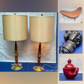 MaxSold Auction: This online auction features Enamel plate, art glass, tin containers, cookie jar, decanter set, art deco furnishing, collectible teacups, watches, coins, MCM table and much more!