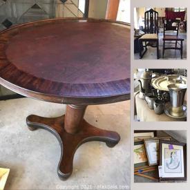 MaxSold Auction: This online auction features furniture such as an oval side table, slipper chair, tray with stand, wooden shelf and stool, chairs and more, aluminum platters, baskets, antique room divider, copper and brass items, jewelry, framed art, table lamps, china, library steps, books and much more!