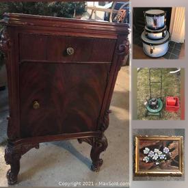 MaxSold Auction: This online auction features decorative items, tools, frames, wood, outdoor decor, golf and other sports items, lawnmower, end tables, table lamps, chairs, carved trunk, collectible plates, miscellaneous items, tub faucet, typewriter and much more!