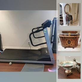 MaxSold Auction: This online auction features a swivel chair, office chair, tea cart, table, buffet, dresser, wicker table, ornate bed, desk, bench, piano, glassware, clock, tea cart, console table, treadmill, art pieces, porcelain pieces, TV, inversion table and much more!