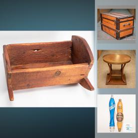 MaxSold Auction: This auction features an antique wooden chest, multiple tool lots, vintage beer tap handles, water crock and stand, speakers, an antique table, vintage and retro lamps, kitchen aid coffee maker, Homedics Shiatsu back massager, toolboxes, Dell LCD monitor, saws, protective gear and much more.