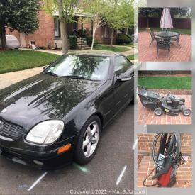 MaxSold Auction: This online auction features a 2001 Mercedes Convertible, wicker room divider, wicker loveseat and chairs, side table, electronics, stand, glass and figurines, drinkware, lawnmower, power washer, books, studded animals, loveseat, dehumidifier, fan, cabinets, fondue set and more!