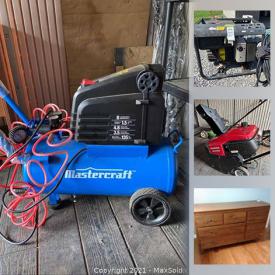 MaxSold Auction: This online auction features Queen Sleigh Bed, leather rocker, framed wall art, tea set, Motorcycle jackets, stereo components, commercial kitchen unit, power tools, camping gear, TV, generator, air compressor, snowblower and much more!