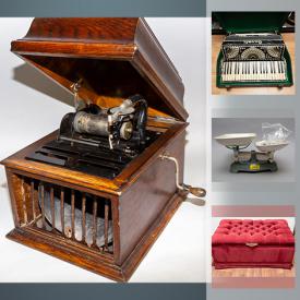 MaxSold Auction: This online auction features mannequin, Alabaster Lamp, vintage accordion, tapestry, water color art, antique Jewelry, antique Thomas Edison Amberola, vintage camera, vintage movie camera, electronics and much more.