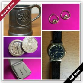 MaxSold Auction: This online auction features Collectible Pewter HMS Bounty Mug, Vintage Green Spanish Decanter Vase, Vintage Rochelle Men's Watches, Vintage Caprice Men's Watch, Vintage Ingraham Women's Watch, Vintage BENRUS Unisex Watch, Collectible USA $20 Dollar Caravelle Alarm Clock, 2012 Canada's Last 1 Cent Coins - Roll, 10k Yellow Gold CZ Dolphins Earrings , 10k Gold CZ Drop-style Earrings and much more!