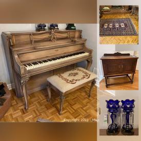 MaxSold Auction: This online auction features antique furniture, Royal Doulton figures, wall art, ceramics, statues, candelabras, antique lamps, piano, costume jewelry and much more.