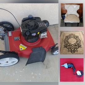 MaxSold Auction: This online auction features a BBQ grill, table lamp, bookcases, chest with drawers, coffee table, patio chairs, juicer, area rugs, lawnmower, leaf blower, beige chair, sofa and much more!