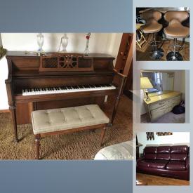 MaxSold Auction: This online auction features a Koehler and Campbell piano, sofa, wall art, table lamps, live plants, armchair, loveseat, MCM ottoman, MCM swivel chairs, TV table set, bookcases, brass art deco bar cart, contemporary clock, kitchenware, dining ware, lamps, media cabinet, MCM armchair, counter stools, desk and office chair, dresser, wall art, dressers, fax machine and much more!