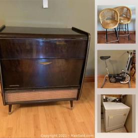 MaxSold Auction: This online auction features vintage items such as MCM teak end tables, Syracuse dishes, coffee set, glasses, Telefunken Imperial stereo console with turntable. Electronics including stereo equipment, radios, phones. Men’s suits, belts and shoes. Home decor including rugs, vases, prints, fireplace screens, mirror. Small appliance, dryer, houseware such as Pyrex, Tupperware, glassware and dishes. Patio furniture, wicker stools and much more!