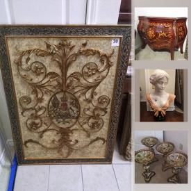 MaxSold Auction: This online auction features framed paintings, lamps, rattan patio tables, 2 drawer stands, plants, floral arrangements, framed mirrors, antique mirror, koi plate, decor, oversized paintings, oversized mirrors, John Richard ornate mirror, wood panel art set, gilded mirrors and much more!