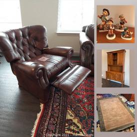 MaxSold Auction: This online auction features furniture such as an Ethan Allen hutch, mirrored display case, chairs, media stand, media center, desk, side chairs, dining table and chairs, leather sofa, recliner, bench, bed frame, media cabinet and more, Royal Doulton, plate rack, lamps, rugs, Lenox china, pig figurine, pots, sterling silver cup, Hummel and much more!