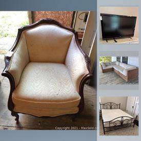 MaxSold Auction: This online auction features furniture such as wooden dining table and chairs, cabinets, bed frames, and rattan sectional, wall art, area rugs, 52” LG TV, 41” Vizio TV, AC units, planters, shelving units, books, glassware, small appliances and much more!