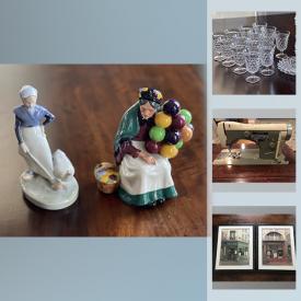 MaxSold Auction: This online auction features arts, wood mask, furniture, Sewing machine, Royal Doulton figurine LENOX Arcanthus Serving bowls, gorham Crystal Bowl, silver plate, Fostoria American glassware and much more.