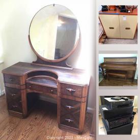 MaxSold Auction: This online auction features Lenox, Kohler & Campbell upright piano, sterling silver jewelry, 42” Sylvania TV, furniture such as NIB bed frame, Branch Upholstery chair, MCM vanity with mirror, and office desk, international home decor, lamps, cabinets, glassware, ceramics, books, wall art, CDs, records, garden decor, tiling and much more!