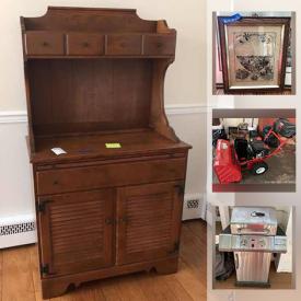 MaxSold Auction: This online auction features Ethan Allen furniture, Madame Alexander dolls, Sewing Machine, Raleigh Bicycle, Patio Furniture, BBQ grill, Drop front Secretary and Hutch, China Cabinet, Snowblower, Telephone Gossip Chair, Rugs, TV and much more!