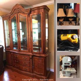 MaxSold Auction: This online auction includes 40” Sony TV, furniture such as wood dresser, dining table, chaise lounge, and sectional sofa, lamps, dishware, pressure washer, yard tools, power tools, patio furniture, planters and much more!