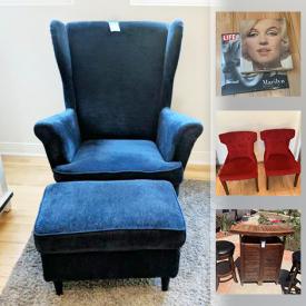 MaxSold Auction: This online auction features a kitchen cart, blue armchairs, patio furniture whale statue, wooden cabinet, over the toilet shelf, portable rolling bar, chairs, dog crate, faux ficus, books, decorative household items, 4-wheel scooter, L-shaped seating set, large multicolor carpet and much more!