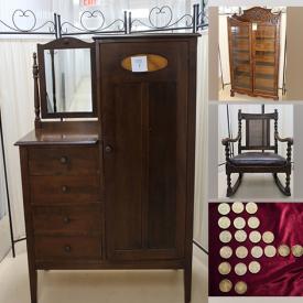 MaxSold Auction: This onbline auction features children closet, dresser, desk. table, chairs, Gazelle, armoire, bookcase, Barley Twist furniture, vintage singer sewing machine, collection of coins, cigar box, smoking set, pinwheel decanter, glassware and much more!