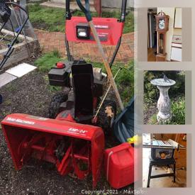 MaxSold Auction: This online auction features patio furniture, sundial, outdoor iron chiminea, wall art, luggage sets, vintage dressers, office furniture, records, ceramics, figures, statues, snowblowers, lawnmower, power tools and much more.