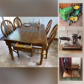 MaxSold Auction: This online auction features furniture such as vintage tables, MCM Bassett furniture, dresser with hutch, file cabinets, cedar chest, side tables, shelves, chairs, round table on metal base, wood crate, table and more, riding mower, garden tools, hand tools, wood lot, Dremel, watch repair kit, books, window AC, mirrors, kitchenware, glassware, figurines, dolls, vintage cameras, leather jacket, school supplies, jewelry, lamps and much more!