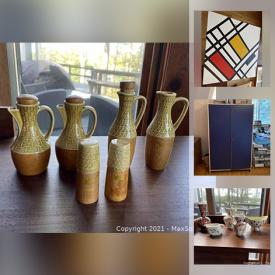 MaxSold Auction: This online auction features furniture from Drexel, Corningware, mid-century ceramics and teak bowls, flatware, clothing, framed prints, signed original art, Japanese Cruet sets and much more!