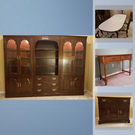 MaxSold Auction: This online auction features Ethan Allen solid wood dining room including table, chairs, Hutch. Broyhill Oak sofa table, Mission style side table.