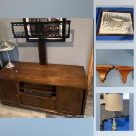 MaxSold Auction: This online auction features a TV stand, tiffany light fixture, seed spreader, carpenter belt, halogen tripod light, area rug, kitchen table, wood, rugs, printers, Playstation 2 games, wicker basket, boxes, lamps, canvas pictures, frames, wall sconces and much more!