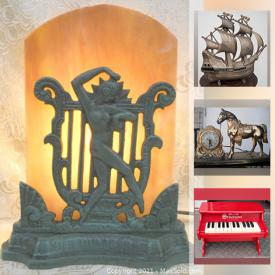 MaxSold Auction: This online auction features art deco lamps, original oil paintings, antique carved Wood, art glass, vintage brass statues, Pottery porcelain figurines and much more!