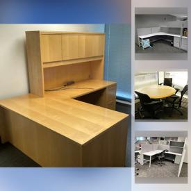 MaxSold Auction: This online auction features 17 cubical desk sections, 4 white rolling desks, 5 U-shaped desks, 2 L-shaped desks, and circle conference table.