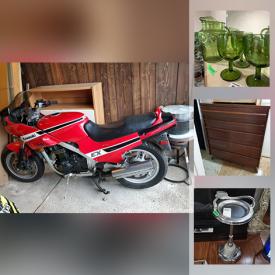 MaxSold Auction: This online auction features a 1987 Kawasaki motorcycle, Gibbard dresser, table and chairs, MCM chairs, telephone and end table, glassware, dishes, Blue glass, books, Moroccan hanging light, speakers, disc changer, amplifier and other electronics, toy cars, hats, steamer, jackets, toy bikes, records and much more!