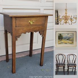 MaxSold Auction: This online auction features antique wooden items, Jenny Dunn original print, English Bentwood chairs, lace wall hanging and much more!