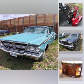 MaxSold Auction: This online auction features a 1963 Chrysler Saratoga, 1984 Lincoln, snowblower, Henredon furniture including Buffet, Chairs, tables. Drexel heritage bedroom furniture, iPad laptops and Minis, Infants clothing, Kids toys and Games, Eastlake chairs, Ladies coats, Office furniture, Linens and much more!