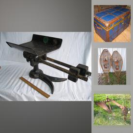 MaxSold Auction: This online auction features vintage items such as an electric fan, gas cand, vintage Diner sign, MCM calculator, wooden baskets, collectibles, butter churn, jugs, milk bottles, bench plane, wood planes, braces, miter saw, axe, tools, farm plow, garden plow, harpoon, cheese barrel snowshoes and much more!