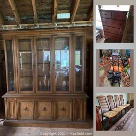 MaxSold Auction: This online auction features GE refrigerator, Amana freezer, furniture such as game table, lighted armoire, swivel chair with ottoman, teak chairs, and antique cabinet, area rugs, shelving, wall art, garden decor and much more!