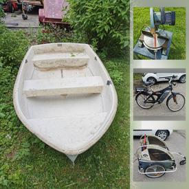 MaxSold Auction: This online auction features tools, drill bits, halogen pot lights, 3d globe, hammers, boats, bolts, jigs, miter boxes, swivel vice, rotary tool attachments, electric bike, clamps, sandblasting tool, Delta chop saw, rulers, cargo carrier, gardening tools, lawn roller, car top carrier, lawnmower and much more!