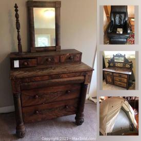 MaxSold Auction: This online auction features vintage and antique furniture, kitchenware, small appliances, Denver mint coins, Wedgwood, stoneware, ceramics, crystal, bicycles, tool chest, hand tools, NIKON, cameras and much more.