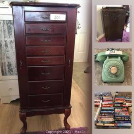 MaxSold Auction: This online auction features jewelry cabinet, Waterford crystal, costume jewelry, board games, watches, garden decor, Surveillance camera, coins and much more!