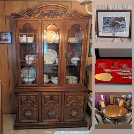 MaxSold Auction: This online auction features dining room furniture, Signed Art, Royal Albert china, Aztec art, crystal stemware, TV, Cherry wood tea cart, Blue Mountain and other Artisan pottery, Marble Globe and much more!