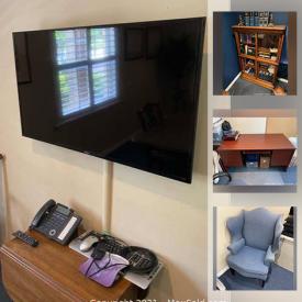 MaxSold Auction: This online auction features chairs, office chairs, antique oak desk, antique bookshelf, books, desks, lamp, rug, fake plants, wall-mounted TV, bike rack, mannequin and much more!