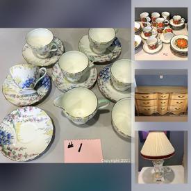 MaxSold Auction: This online auction features MCM decor, Dinnerware including Royal Doulton, Myott, Sango, Foley, Nasturtium, Homer Laughlin, Eva Zeisel, Dansk. Wedgwood, Fire King Lusterware, Art glass figures, Salt & Pepper shakers, Fabric remnants, Sewing patterns and notions, Knitting supplies, Japanese Inarco Pottery, Vintage clothing, Avon Cape Cod glassware and much more.