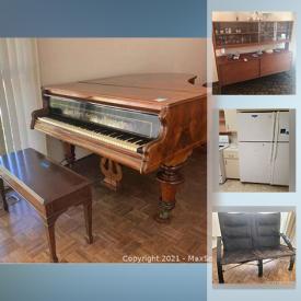 MaxSold Auction: This online auction features grand piano, Kenmore refrigerator, Whirlpool refrigerator, furniture such as brass table, leather sofa, MCM buffet, and wood dressers, lamps, albums, area rugs, bookshelves, glassware, BBQ with accessories, garden tools and much more!