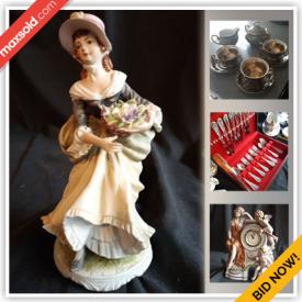 MaxSold Auction: This online auction features figurines, handpainted vases, bone china, dishware, silverplate, porcelain dishes, Brella umbrella, box purse, wooden bird, puzzles, blue vase, kids bike, art, statues, watches, pottery, collectible plates and much more!