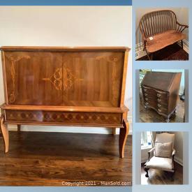 MaxSold Auction: This online auction features an antique Mahogany Secretary, Persian rug, Brass fire digs, leather furniture, telephone table and chair set, vintage Franklin library books, art, tools, ladder, Battery charger and car care, electric fireplace, Crystal chandelier, home improvement and cleaning items and much more!