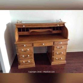 MaxSold Auction: This online auction features Kaufman Roll top desk, TV Stand, End Tables, Dining Table with 6 Chairs, 4 Piece Wall Unit, Office Table, Office Desk, Filing Cabinet, High Boy Dresser, Triple Dresser, Queen Size Captains Bed, Night Tables, Oak Armchairs, Miscellaneous Linen, Brittania Great Books and much more!