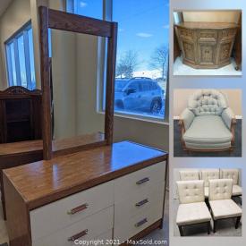 MaxSold Auction: This online auction features White Dinnerware, Stemware, Large Couch, Patio Table, TV Stands, Coffee Mugs, Bedroom Furniture and much more!!
