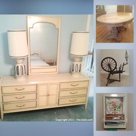 MaxSold Auction: This online auction features Waterford, Wurlitzer piano, NIB Dell monitor, vintage Pachinko game, furniture such as French Provincial bedroom set, dining room china cabinets, dining room table with chairs, antique dresser, and marble top tables, electric candelabras, wall art, chalkware, wrought iron patio furniture, vintage books, home decor, lamps, albums, office supplies, glassware, ceramics, small kitchen appliances, hardware and much more!