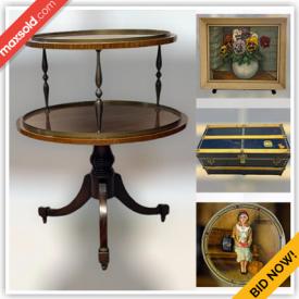 MaxSold Auction: This online auction features collector plates, men's shirt, table, vintage kodak camera, trunk, vintage chest, Architectural Salvage, fruit plates, chairs, end tables, books, collector spoons, Hummel collections, cutlery, jewelry, stamps, nickel tokens, posters, vest, vintage milk bottle caps, art work, vintage buttons, ladder and much more!