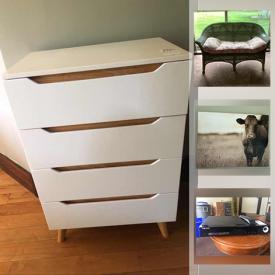 MaxSold Auction: This online auction features a dresser, desk, file cabinet, tables, dehumidifiers, mirror, lamps, metal garden bench, kitchenware, office items, metal table, stool, bench, walker and air cast, dog statues, Samsung gear VR, plastic Muskoka chairs and much more!